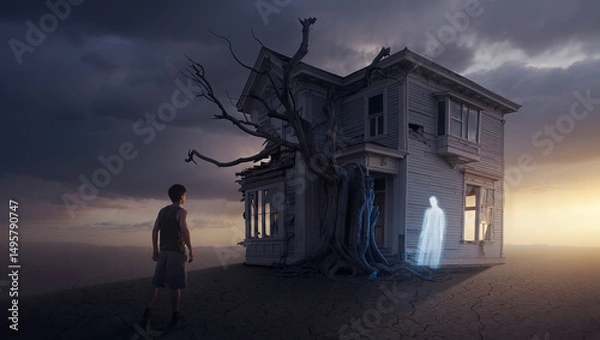 Fototapeta Home Return of a young man standing in front of a ravaged house, looking far away for someone. A desolate house with a dry land and tree and a ghost at threshold