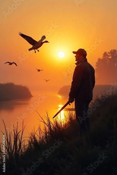 Fototapeta Hunter's silhouette at dawn, geese taking flight over a misty wetland Perfect for hunting, wildlife, nature, and conservation themes , marsh, silhouette, habitat
