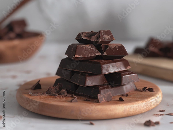 Fototapeta A rich stack of dark chocolate pieces on a wooden board