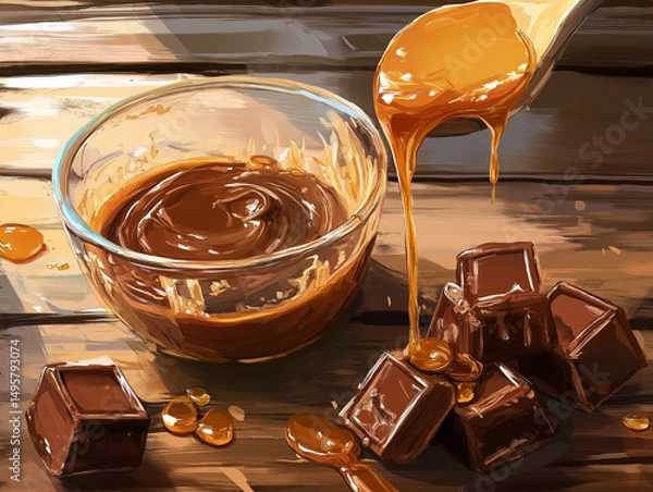 Fototapeta A bowl of melted chocolate, chocolate chunks, and caramel being drizzled on a wooden surface.