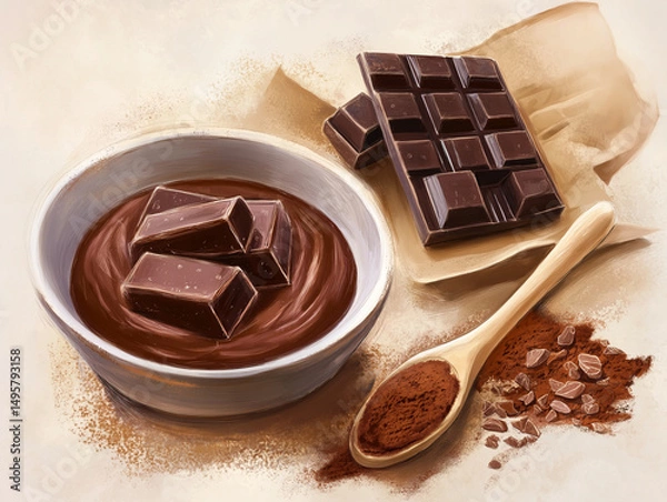 Fototapeta A rustic composition features a bowl of rich chocolate