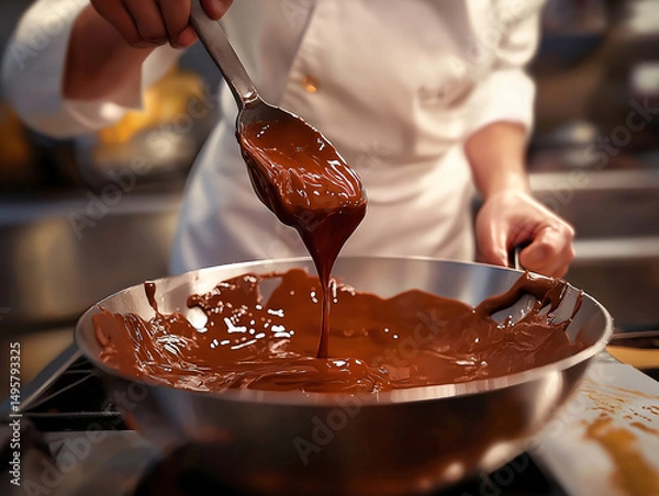 Fototapeta A chef in a white uniform carefully spoons rich, melted chocolate from a metal pan