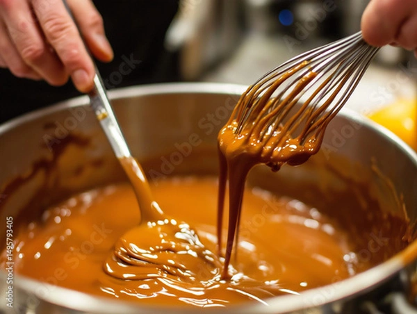 Fototapeta A chef's hands stir a rich, golden caramel sauce in a metal pot with a whisk and spoon