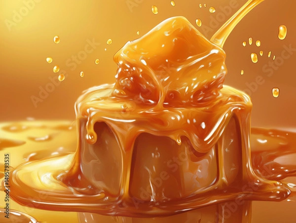 Fototapeta A rich, golden caramel sauce generously drips over a dessert