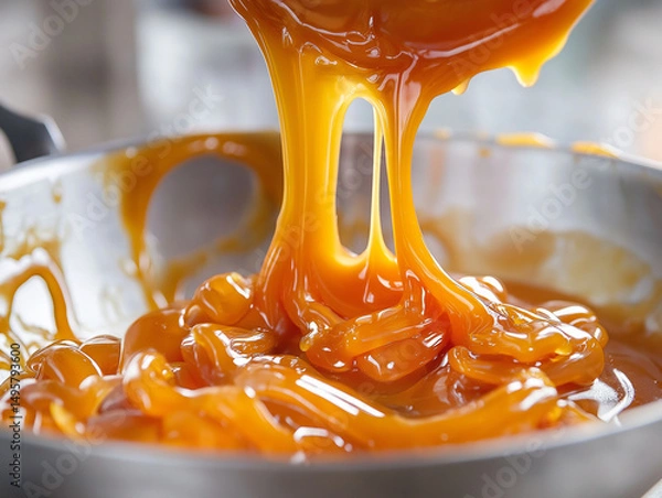 Fototapeta Close-up of rich, golden caramel sauce being poured, showcasing its luscious, sticky texture
