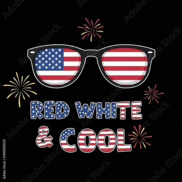 Fototapeta Graphic sunglasses with USA flag pattern and fireworks for 4th of July  