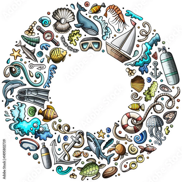 Fototapeta Set of Diving cartoon doodle objects. Round frame composition