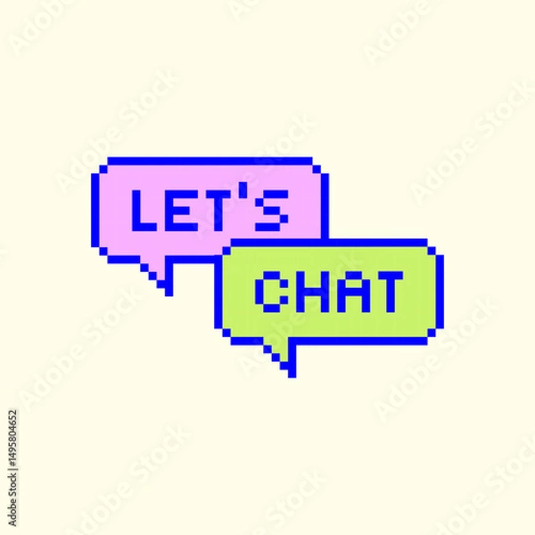 Fototapeta Y2k Pixel Sticker Lets Chat . Colorful Speech Bubbles with Fun Caption for Messaging Apps, Y2K UI, Retro Digital Designs, Social Media, and Cute Pop Interface Elements. Retro Futuristic style