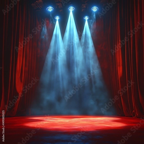 Fototapeta A dramatic an illuminated stage with red curtains and blue spotlight beams shining photo
