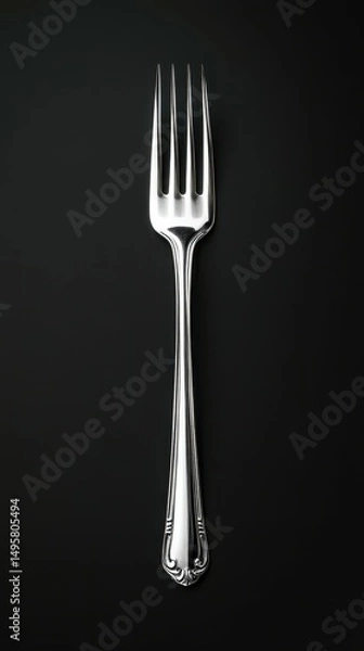 Fototapeta Elegant stainless steel fork placed on a solid black background showcasing its intricate design and shine