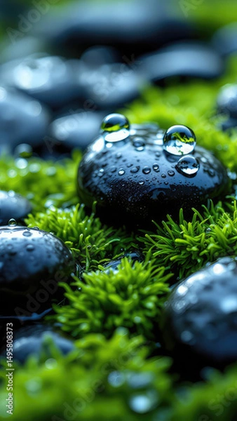 Fototapeta Close up of zen stones with water drops and green moss nature photography for meditation and relaxation