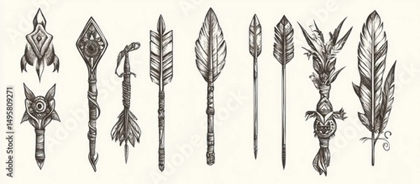 Fototapeta Intricate hand-drawn arrows, showcasing detailed quill and handcrafted shaft designs