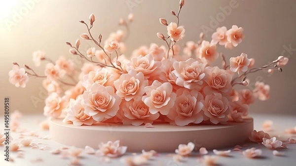 Fototapeta A stunning arrangement of peach colored roses and delicate blossoms in high resolution photo