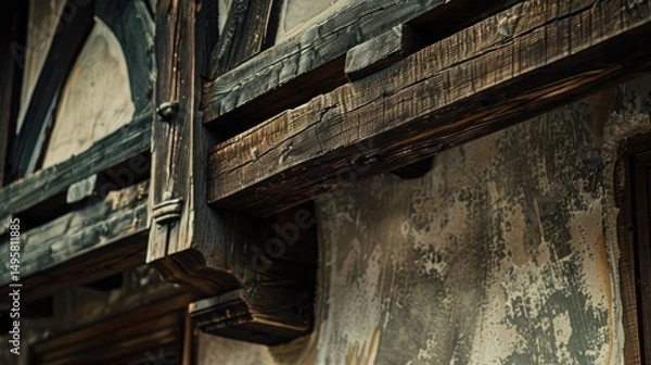 Fototapeta Bavarian timber-framed house beam detail, close-up, wood and plaster geometric contrast, rustic and cozy