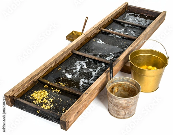 Fototapeta A vintage gold panning setup featuring a wooden sluice box with flowing water, surrounded by buckets collecting gold flakes