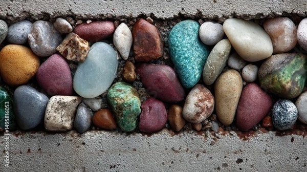 Obraz Colorful Pebbles Embedded in Concrete Crack: A Detailed Macro Shot