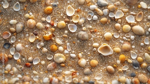 Fototapeta A macro shot of fine beach sand with tiny seashell fragments mixed in.