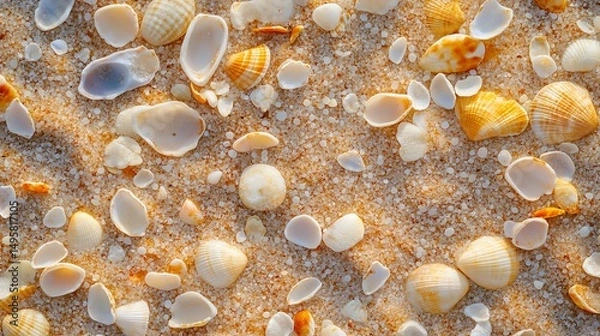 Fototapeta A macro shot of fine beach sand with tiny seashell fragments mixed in.