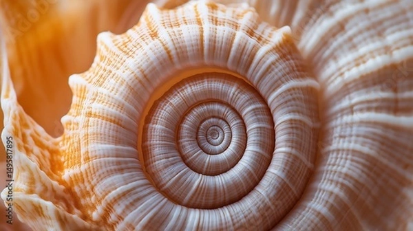 Fototapeta An extreme close-up of a seashell’s spiral pattern, showing fine ridges and curves.