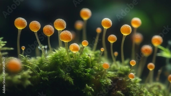 Fototapeta An extreme close-up of moss spores, showing their tiny capsules in vivid detail.