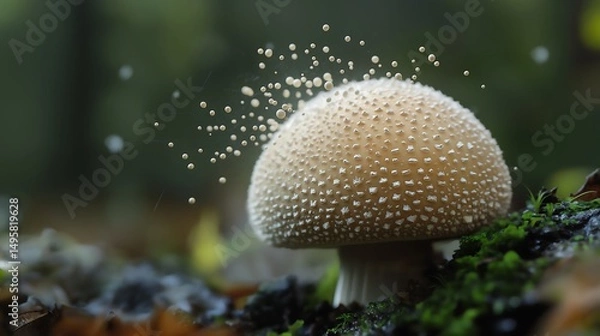 Fototapeta An extreme macro of a puffball mushroom releasing spores in slow motion.