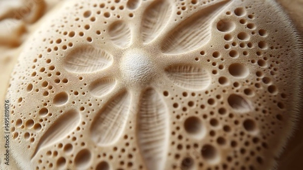 Fototapeta An extreme macro of a sand dollar, showcasing its delicate perforated structure.