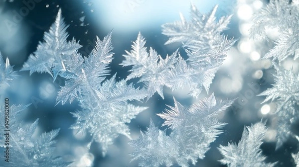 Fototapeta An extreme macro of frost forming on a window, highlighting its delicate crystalline structure.