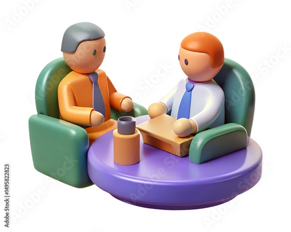 Fototapeta 3D Cartoon Interview Scene with Green Chair and Purple Table Illustration on Transparent Background PNG