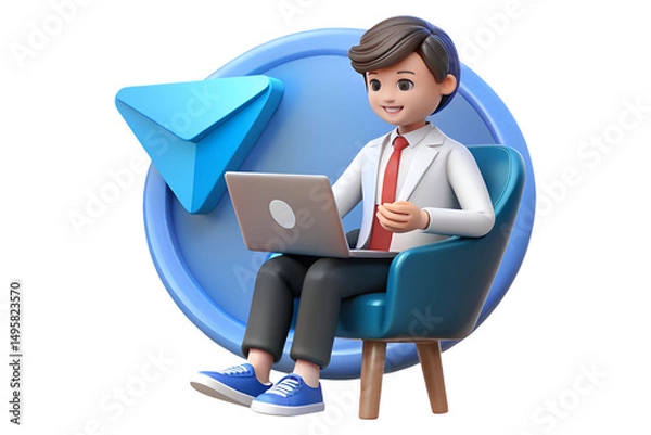 Fototapeta 3D Cartoon Teacher with Laptop and Email Logo Illustration on Transparent Background PNG