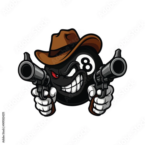 Obraz A cartoonish black eight ball character wearing a brown cowboy hat grins mischievously while holding a revolver in each hand vector on an isolated background