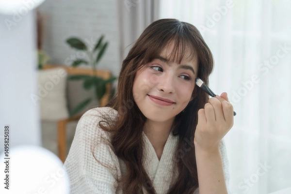Fototapeta Multiracial Caucasian teenage girl looking into mirror while applying makeup using flat brush wearing white robe with lighting in room showing confidence and happiness during daily beauty care routine
