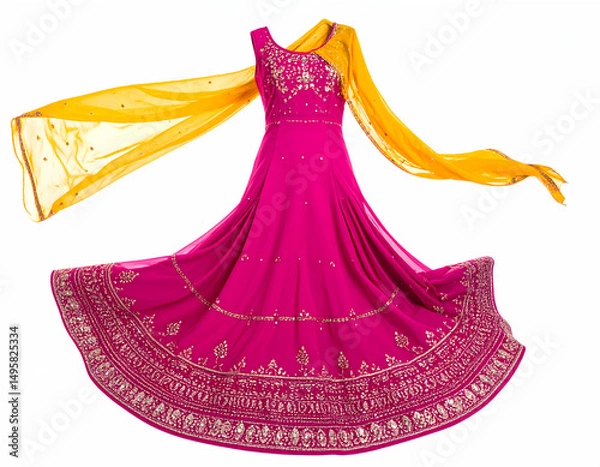 Fototapeta Vibrant pink traditional dress with intricate embroidery and flowing yellow dupatta, elegantly twirling in a bright studio setting
