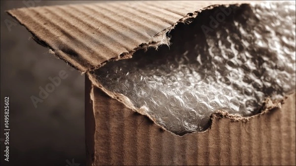 Obraz Torn cardboard box revealing bubble wrap inside provides insight into packaging condition and contents