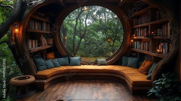 Obraz Cozy Treehouse Library With Circular Window Overlooking Lush Forest High Resolution Photo