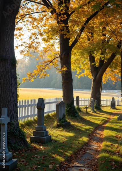 Fototapeta Autumn Cemetery Scene with Tombstones under Tree and White Picket Fence, Soft Sunset Light and Golden Fall Leaves Creating a Peaceful, Reflective Seasonal Atmosphere
