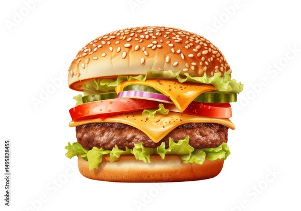 Fototapeta Juicy cheeseburger sesame bun isolated white background isolated on a white background