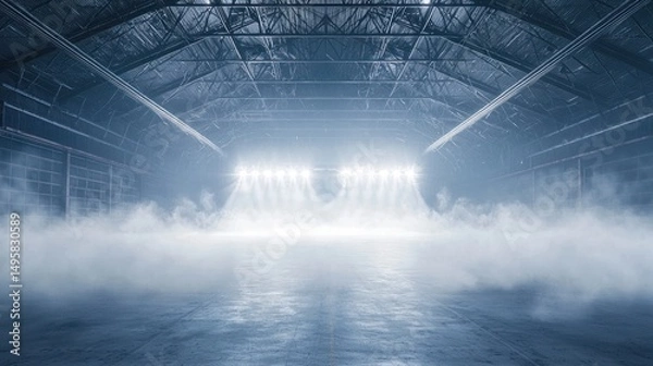 Fototapeta Mysterious Industrial Setting: Foggy Warehouse with Dramatic Lighting
