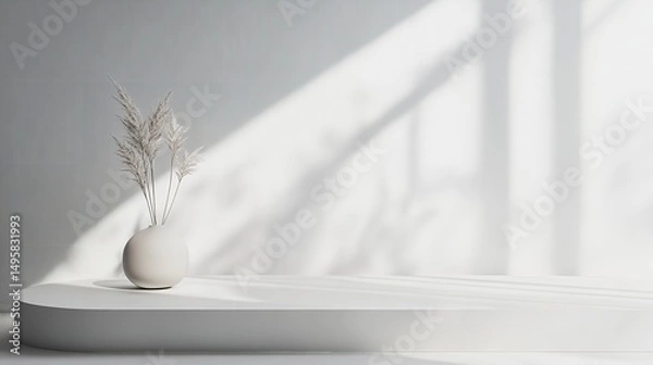 Fototapeta Minimalist display platform with vase and shadows, elegant design, soft lighting, modern decor, artistic arrangement