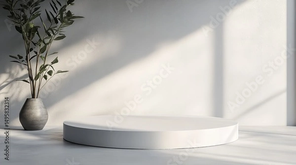 Fototapeta Minimalist display platform with vase and shadows, elegant design, soft lighting, modern decor, artistic arrangement