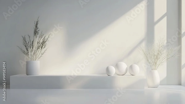 Fototapeta Minimalist vase with dried branches on circular pedestal in light room