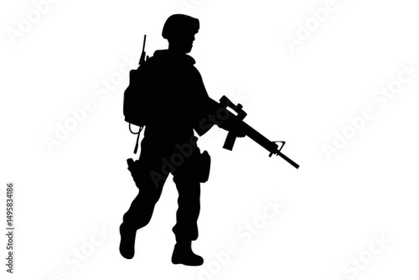 Obraz Silhouette of a soldier in full gear walking with a rifle and backpack against a white background