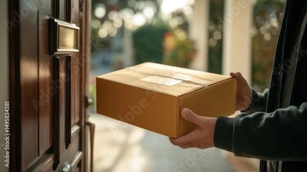 Obraz Package delivered to the wrong address by a person standing at a door during late afternoon sunlight