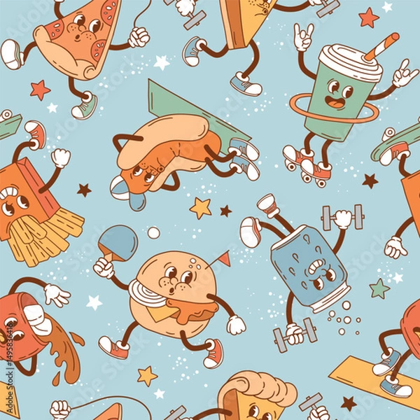 Fototapeta Seamless vector pattern with retro junk food characters. EPS 10 vector file. Perfect for textile, wallpaper or nursery print design.