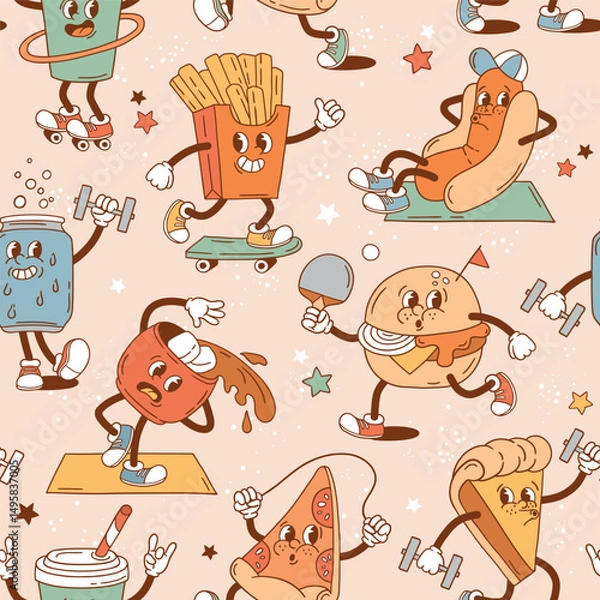 Fototapeta Seamless vector pattern with retro junk food characters. EPS 10 vector file. Perfect for textile, wallpaper or nursery print design.