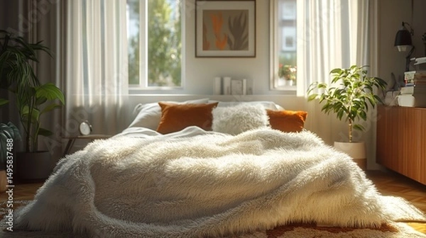 Fototapeta This inviting guest room features a sturdy wooden bed frame dressed in soft bedding, with cozy touches and decor that enhance its charming country feel for a peaceful stay