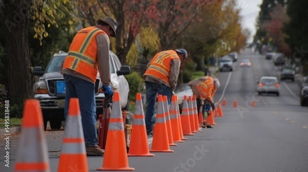 Obraz Road crew in orange safety vests sets up traffic cones along a busy city street during the day