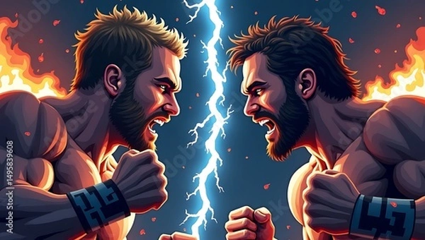 Fototapeta Intense confrontation between two fierce warriors, embodying strength and rivalry