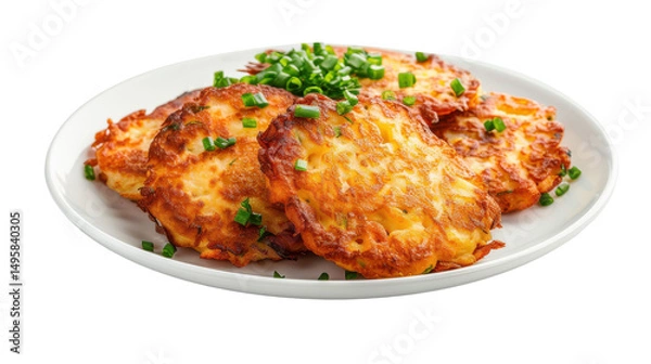 Fototapeta Crispy golden potato pancakes garnished with fresh green onions on a white plate