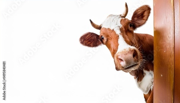 Fototapeta funny real cow peeks out from around the corner isolated on white background
