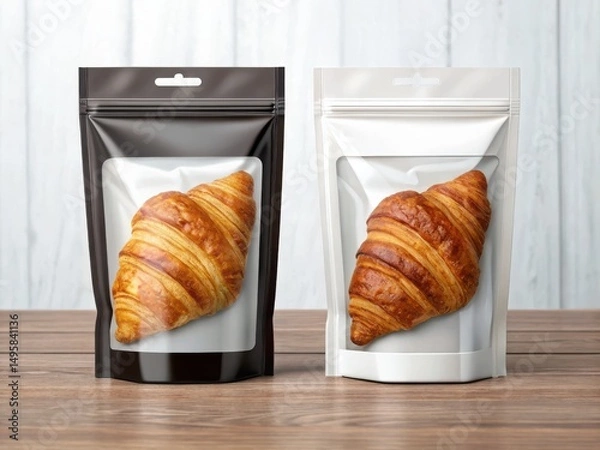 Fototapeta Croissant Packaging Mockup. Two packaged croissants in black and silver bags on a wooden surface against a light background.